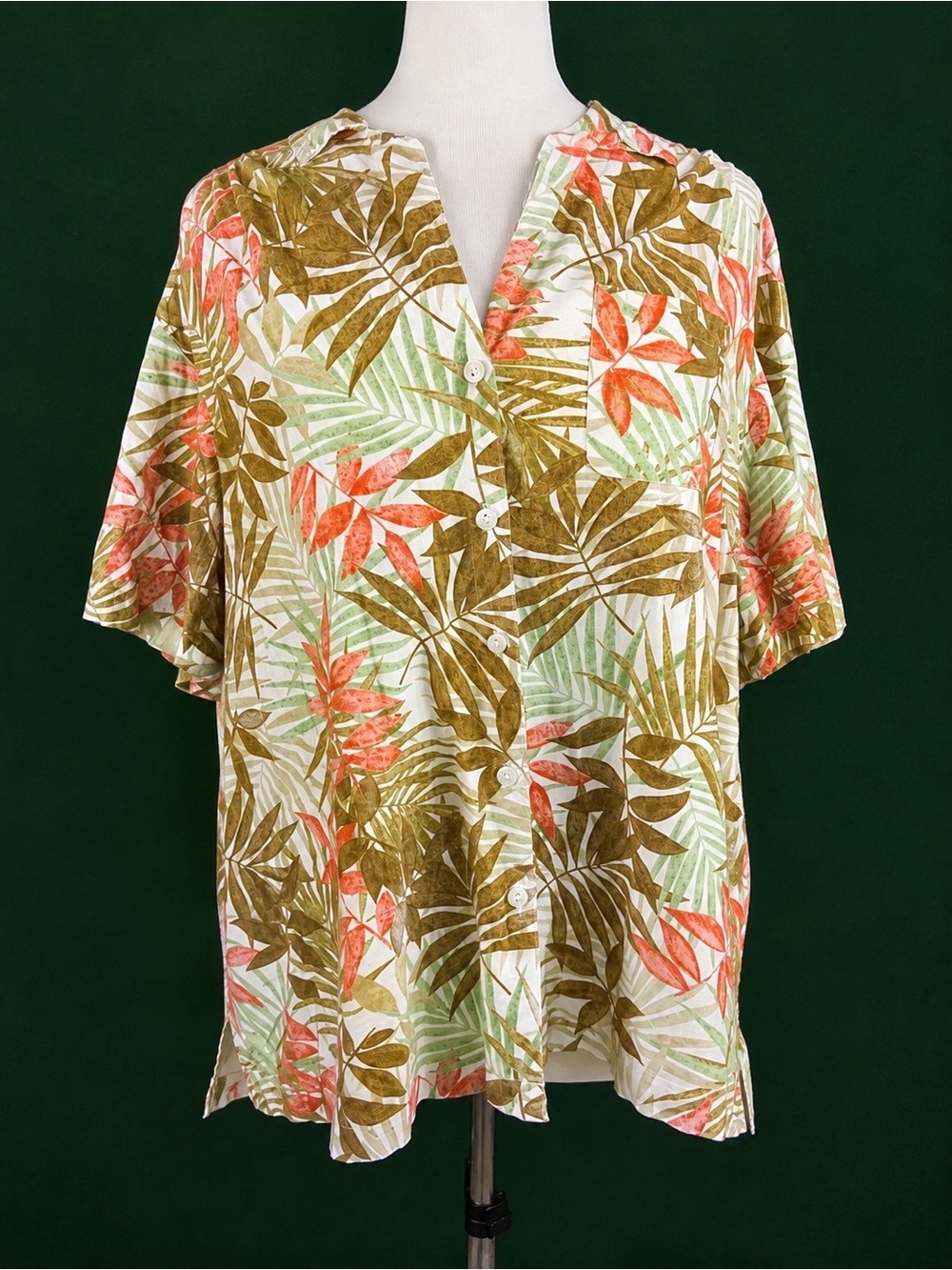 Cathy Daniels Tropical Leaf Button-Front Top in Olive, Coral & Mint